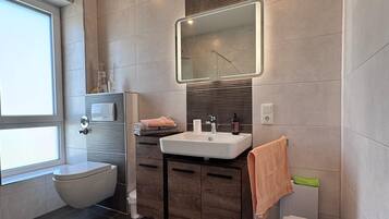 A modern bathroom with a toilet, sink, and mirror.