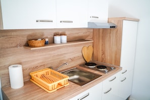 Fridge, stovetop, cookware/dishes/utensils