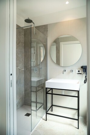 Shower, hair dryer, bidet, towels