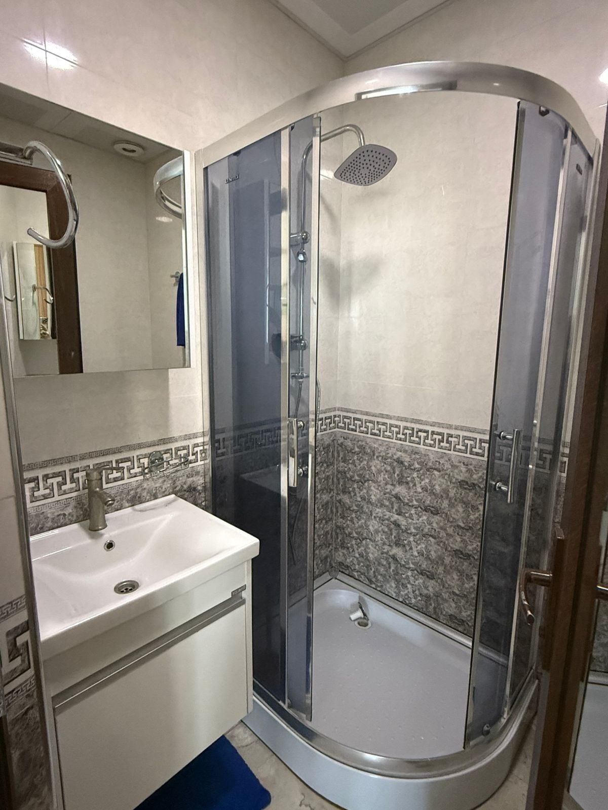 Shower, towels, toilet paper