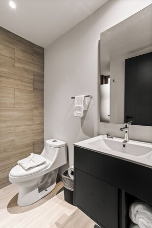 Apartamento Confort, 1 cama de matrimonio, balcón, vistas al patio | Baño | Ducha, toallas, jabón y champú