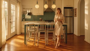 A kitchen with a central island, white cabinets, and pendant lighting.