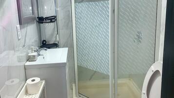 Shower, hair dryer, bidet, towels