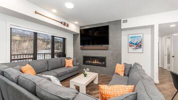 Smart TV, chimenea, biblioteca musical y videoteca