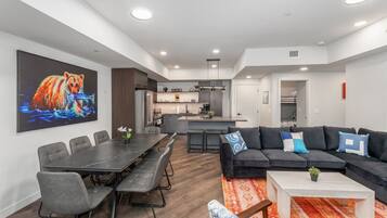 Smart TV, fireplace, music library, video library