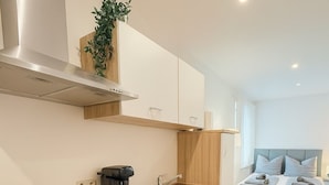 Une cuisine moderne équipée d’une cuisinière, d’un four et d’un évier intégrés. On aperçoit une petite plante accrochée au mur et, au fond, un lit avec des oreillers.