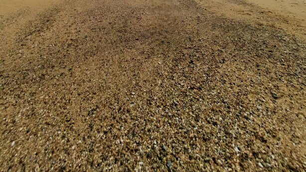 A pebbled beach with large rocks and a distant view of hills under a cloudy sky.