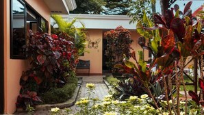 A courtyard with a variety of plants and flowers, a bench, and a view of the sky. - Brisas del Aeropuerto (La Asunción)