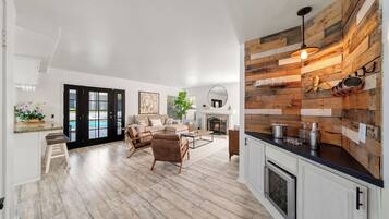 TV, fireplace, table football