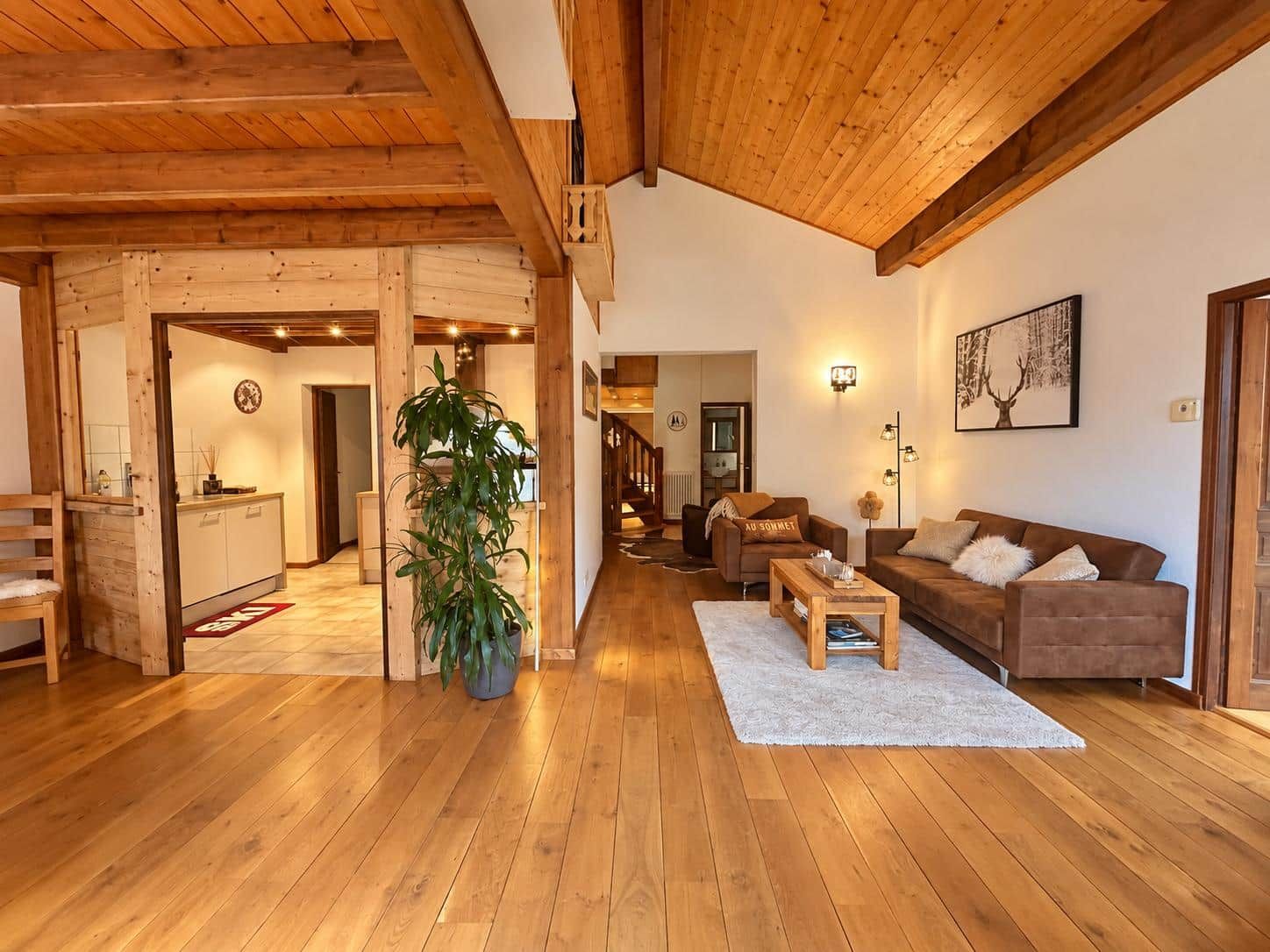 Un vaste espace de vie doté d’un plancher en bois, d’un canapé, d’une table basse et d’une plante en pot.
