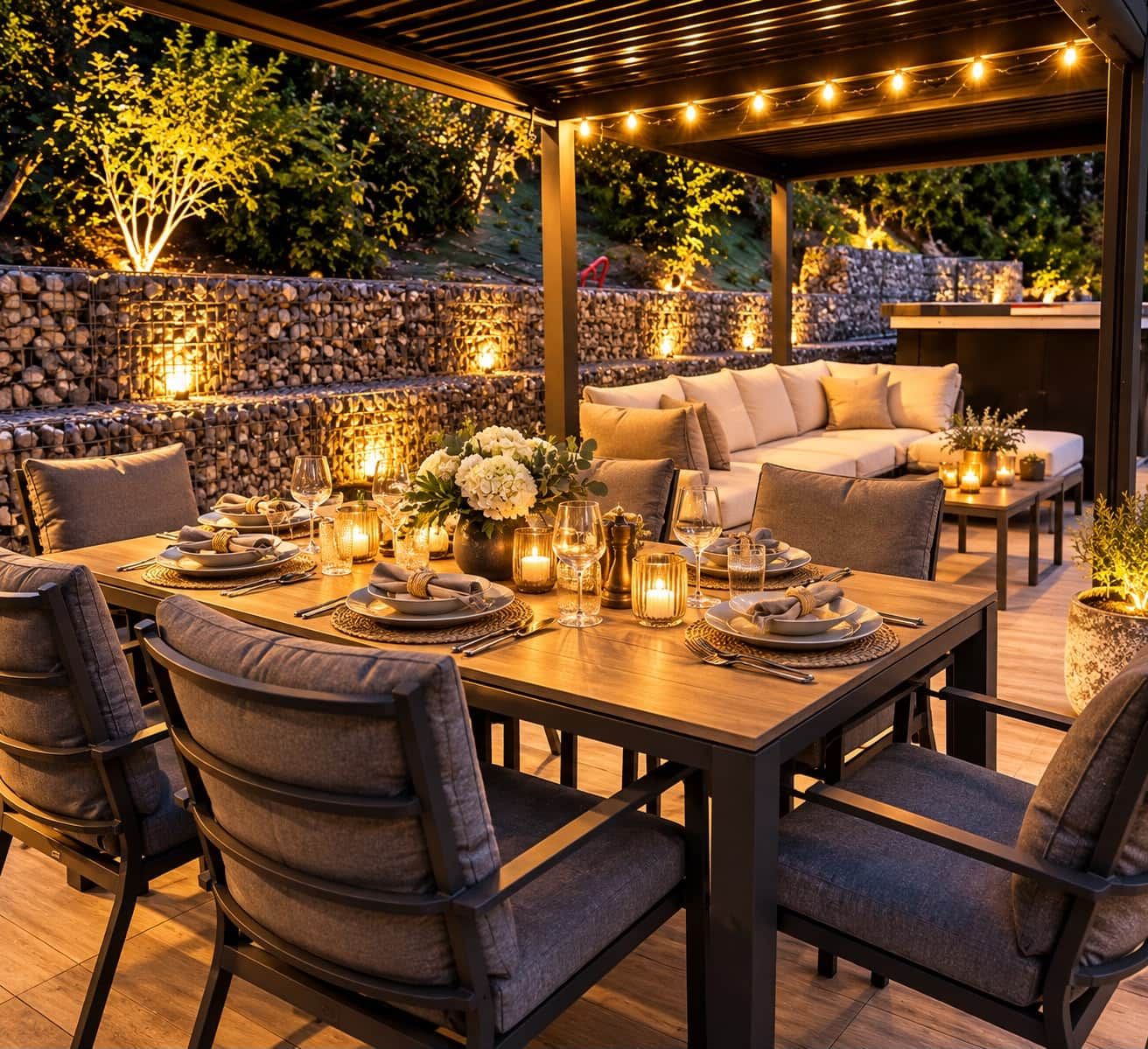 An outdoor dining area with a stone wall backdrop, a covered seating area, and string lights.