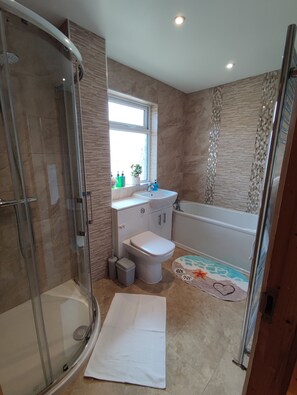 Hair dryer, bidet, towels, soap