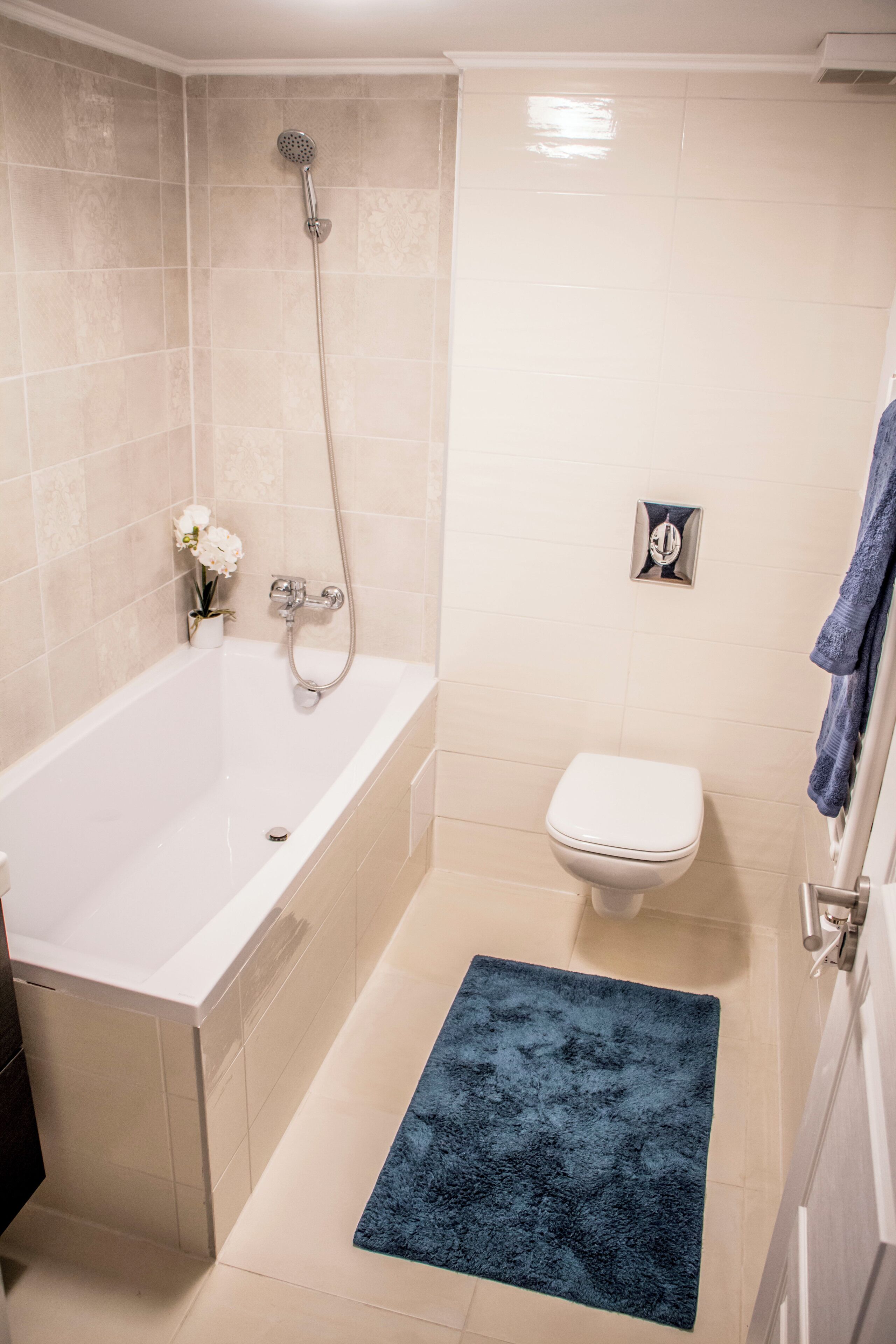 A bathroom with a bathtub, a toilet, and a shower.