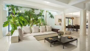 A modern living room with a beige sofa, a coffee table, and a large potted plant.
