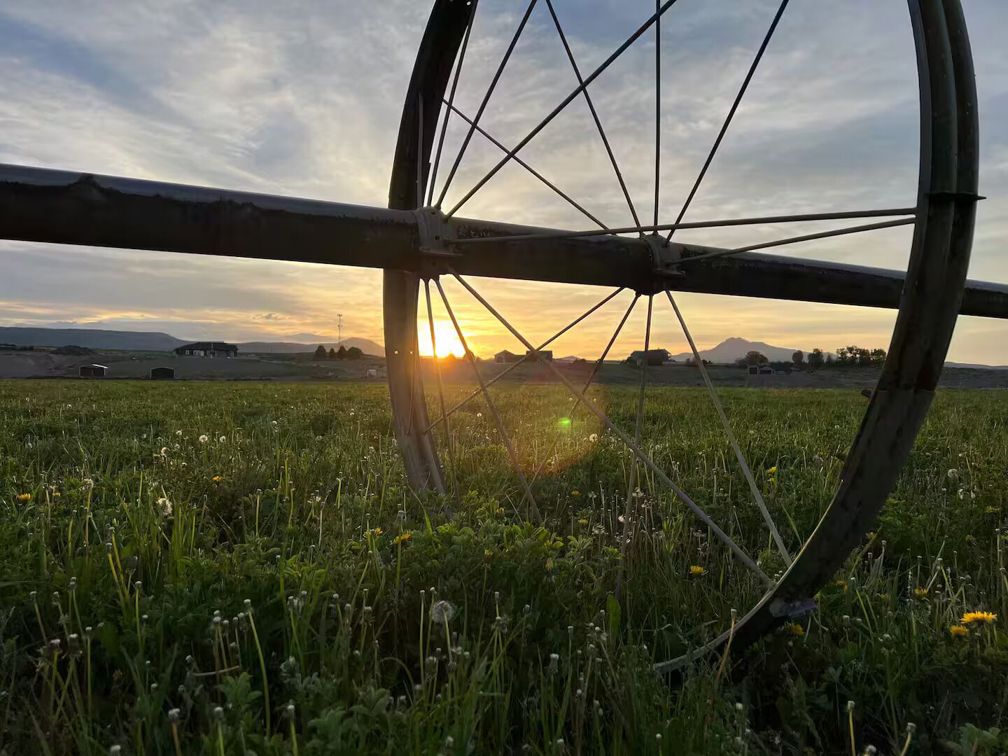 Un chasis de rueda con un atardecer de fondo.