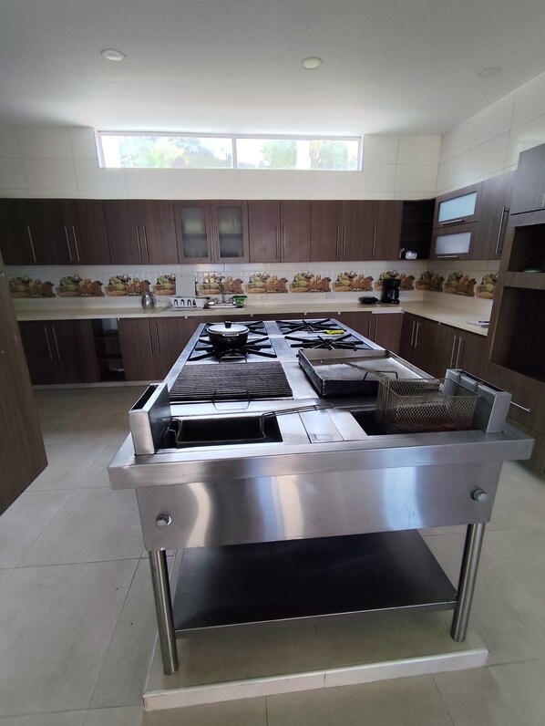 Een moderne keuken met een centraal eiland, roestvrijstalen apparatuur en donkerhouten kastjes.