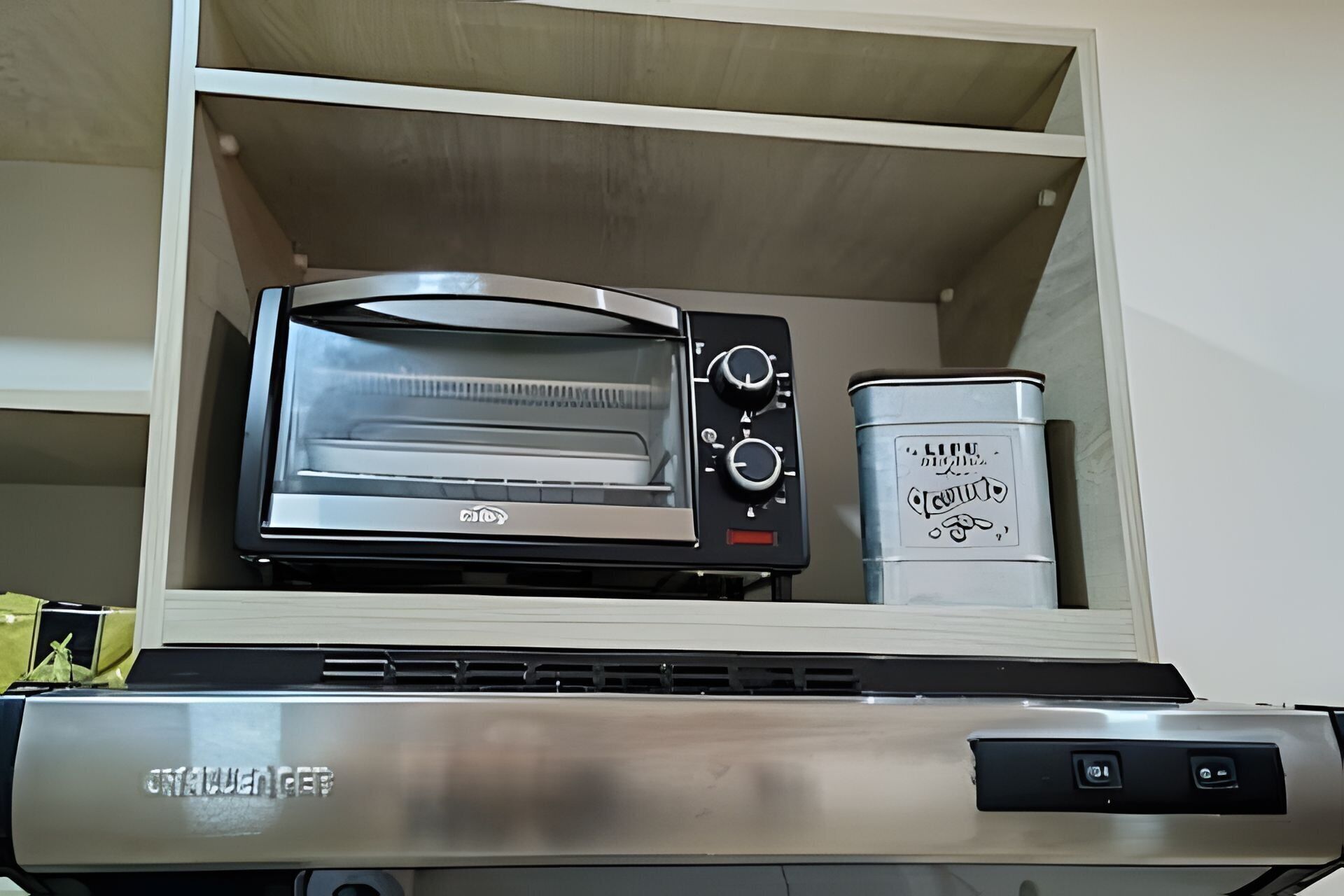 A kitchen with a built-in toaster oven and a stainless steel refrigerator.