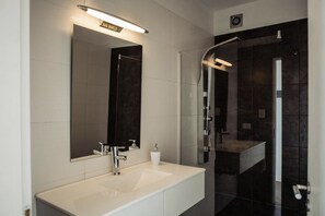 Shower, hair dryer, bidet, towels