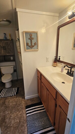 Chuveiro, secador de cabelo, toalhas de banho, sabonete