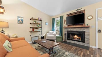 Smart TV, lareira, livros