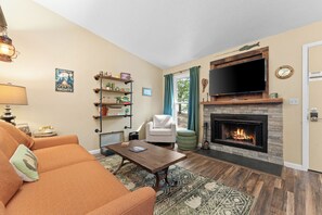 Smart TV, fireplace, books, stereo