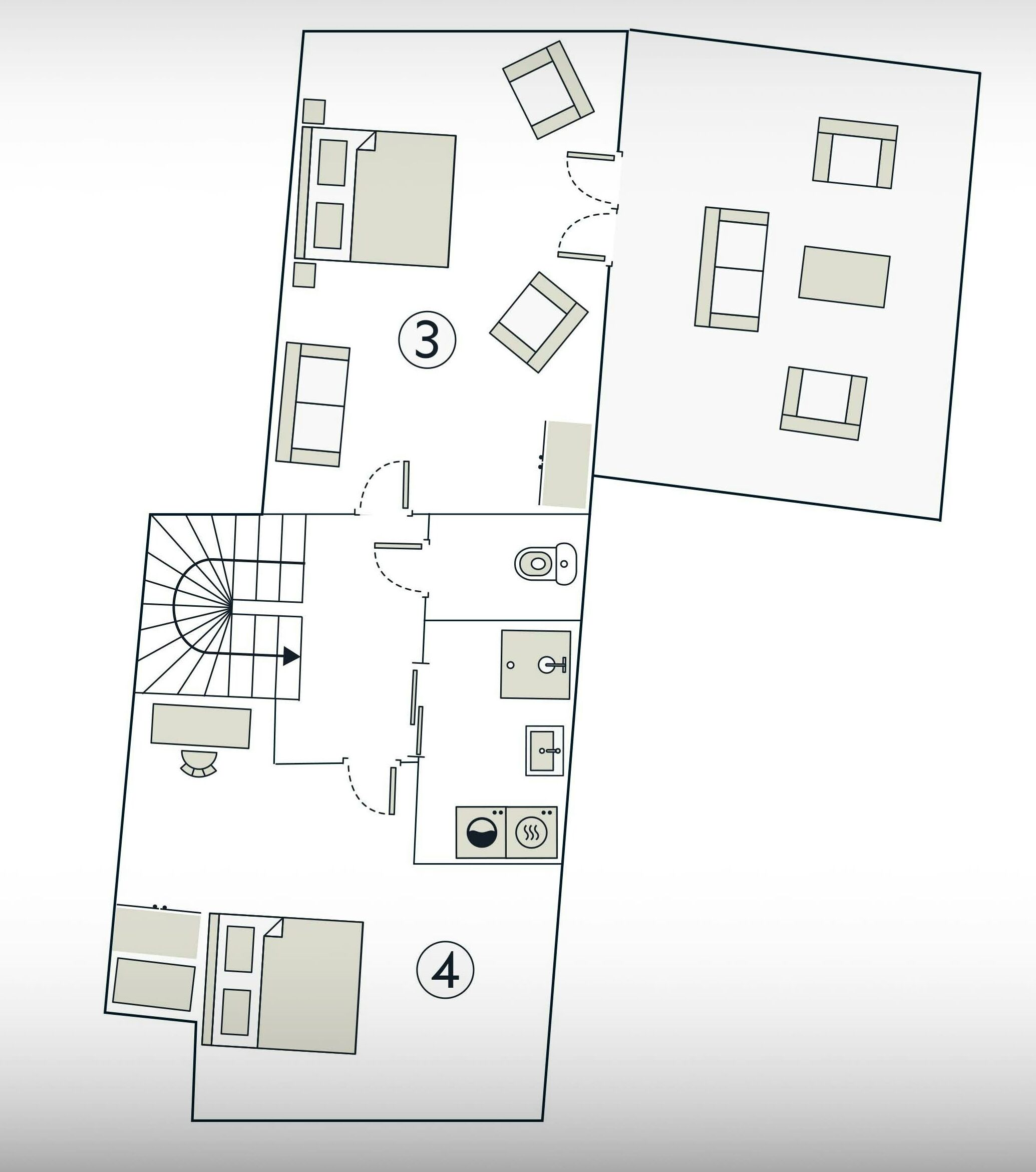 A floor plan with four rooms, including a bathroom with a toilet, sink, and shower, and a kitchen with a stove and sink.