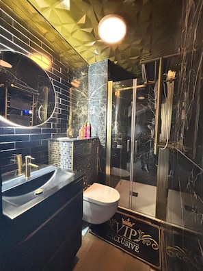 Shower, towels, soap, toilet paper