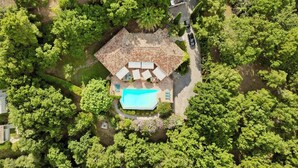 An aerial view of a house with a swimming pool, surrounded by dense greenery.
