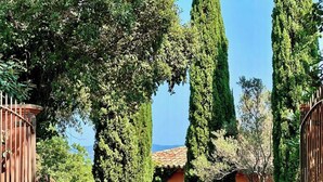 A gated entrance with tall cypress trees, a gravel driveway, and a building with a tiled roof.