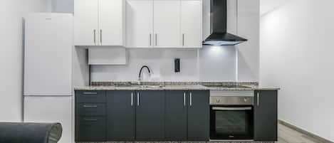 Fridge, microwave, oven, stovetop