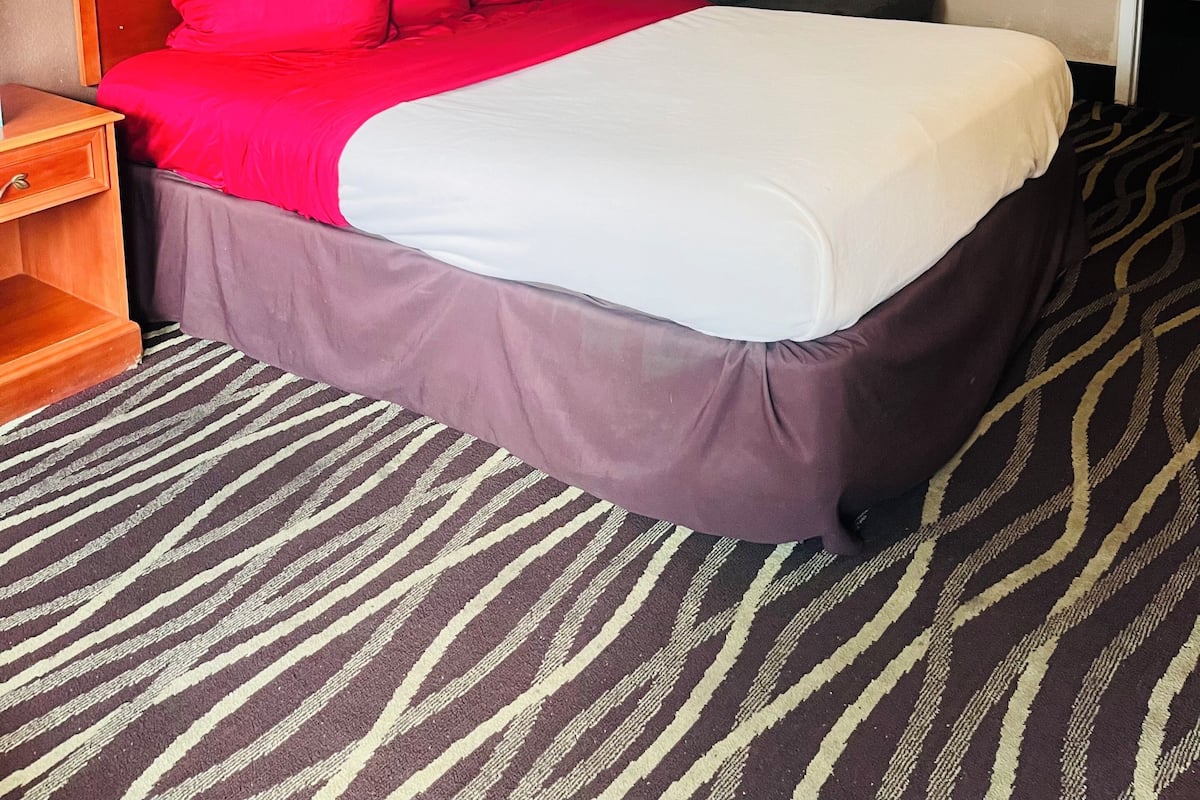 A hotel room with a bed, a nightstand, a framed picture on the wall, and a patterned carpet.