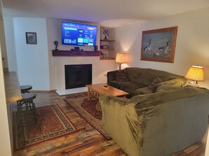 Smart TV, fireplace, video games, DVD player