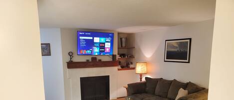 Smart TV, fireplace, video games, DVD player