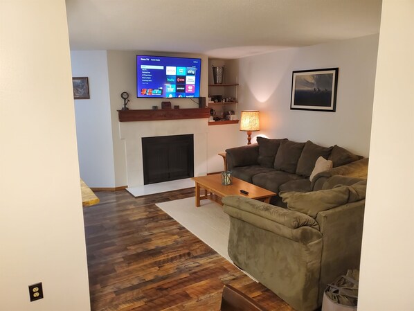 Smart TV, fireplace, video games, DVD player