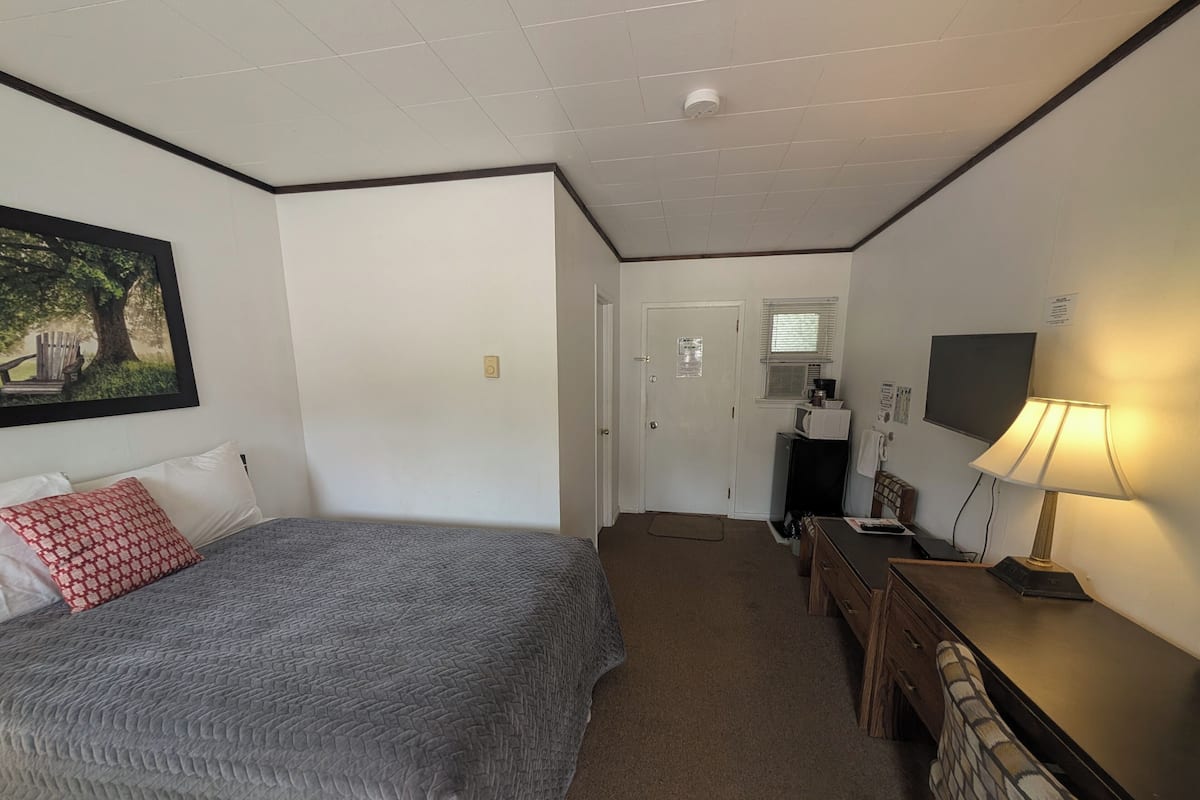 A hotel room with a bed, a desk, a chair, a TV, and a lamp.