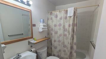 Une salle de bain équipée d’un lavabo, de toilettes et d’une douche. Un miroir avec des lumières est placé au-dessus du lavabo, et un porte-serviettes contient des serviettes pliées.
