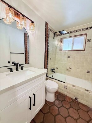 Shower, hair dryer, shampoo
