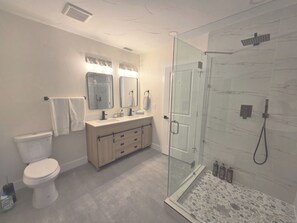 Hair dryer, towels, soap, toilet paper