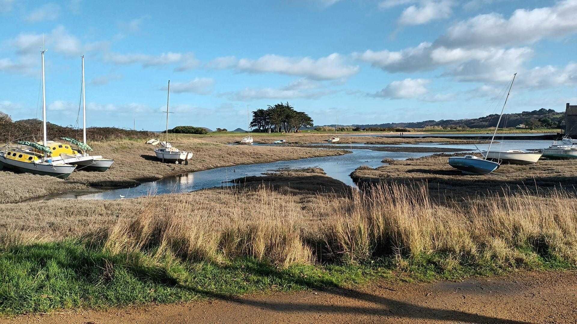 A coastal area with boats moored in shallow water, surrounded by grassy terrain and a clear sky.
