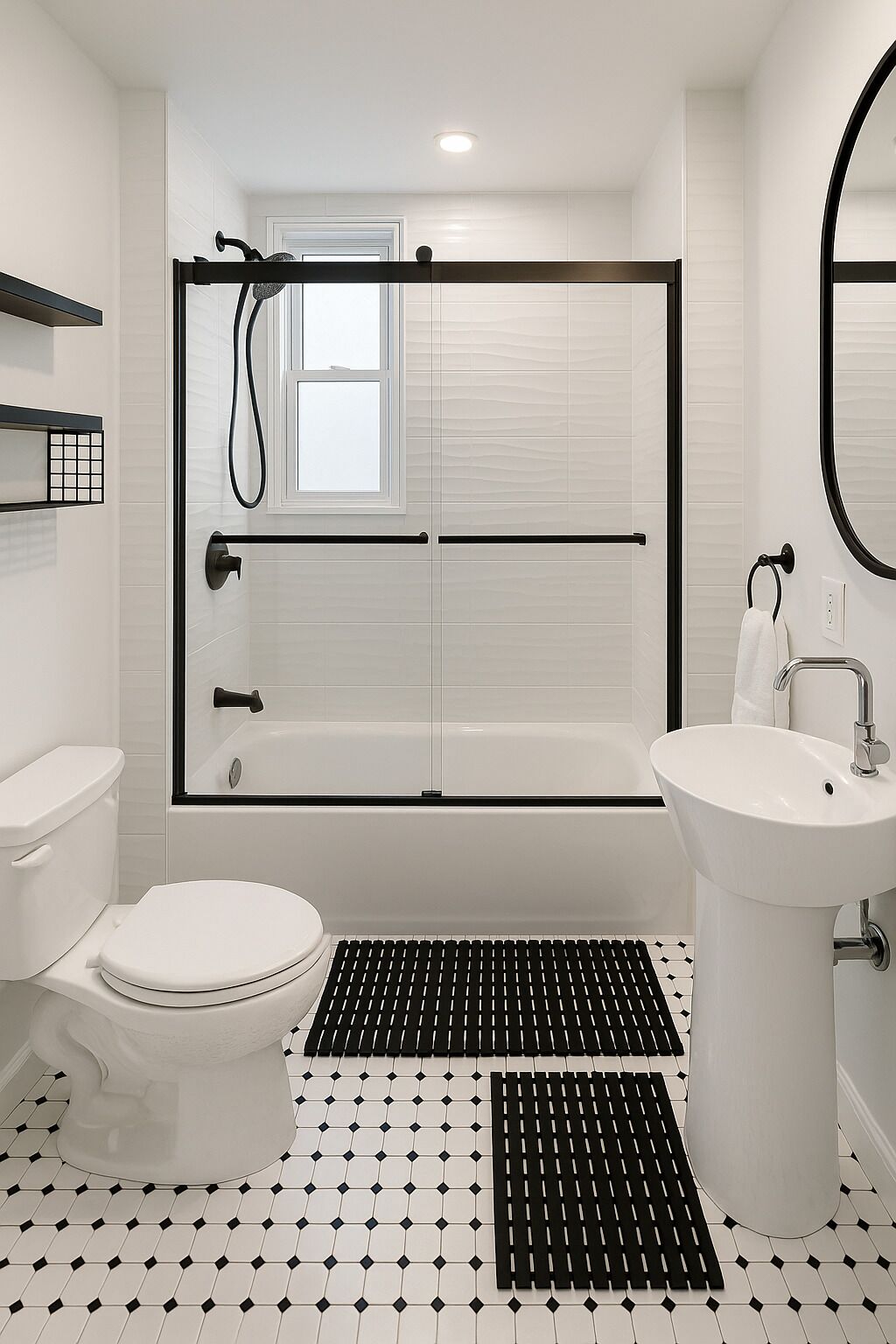 A modern bathroom with a bathtub, toilet, and sink.