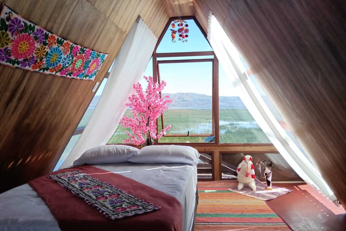 Un dormitorio con una cama grande, vistas al campo y un perro pequeño.