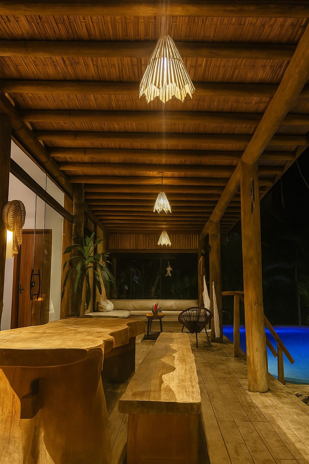 An outdoor wooden deck with a pool, wooden furniture, and hanging lights.