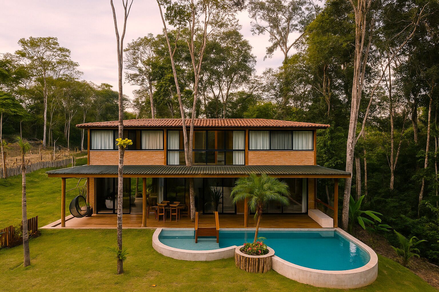 Una casa de dos pisos con piscina, rodeada de árboles.