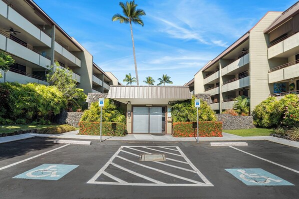 A hotel entrance with a parking lot, wheelchair-accessible parking spaces, and a palm tree in the background.