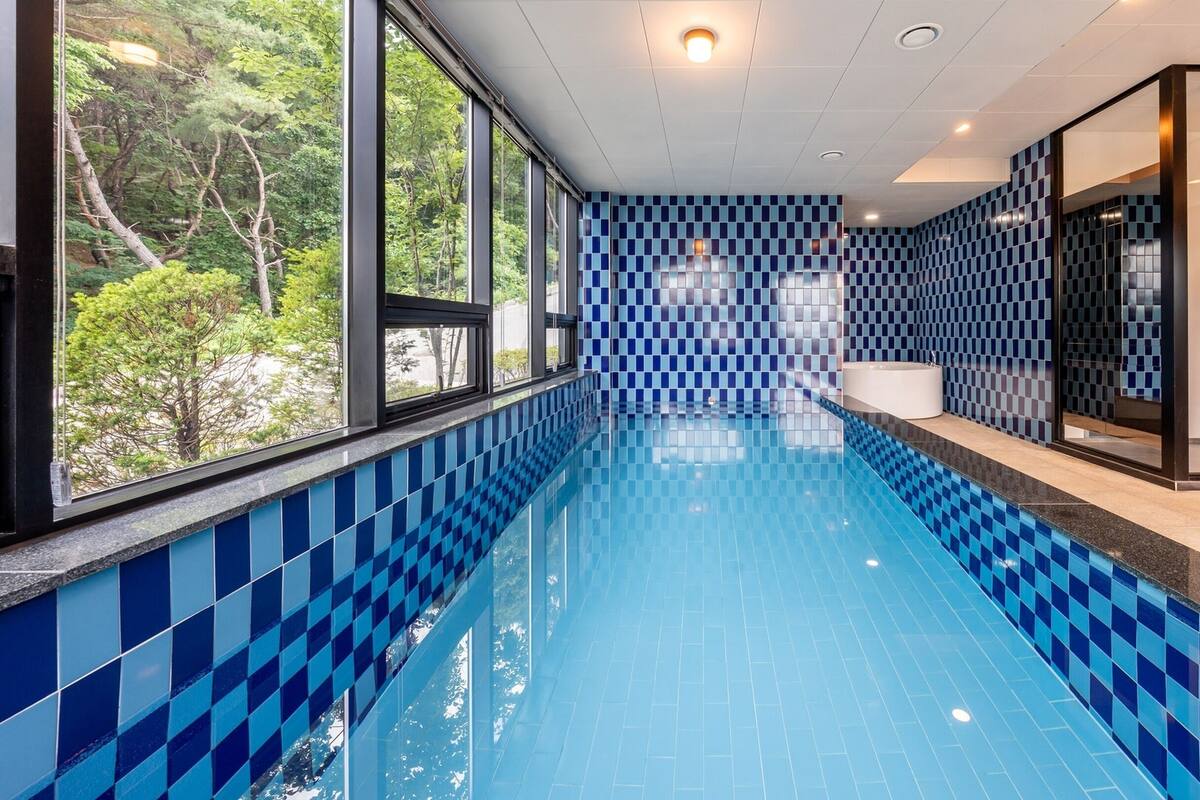 An indoor swimming pool with blue checkered tiles, a large window, and a bathtub.