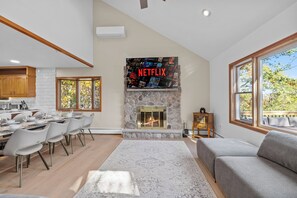 Smart TV, fireplace, foosball