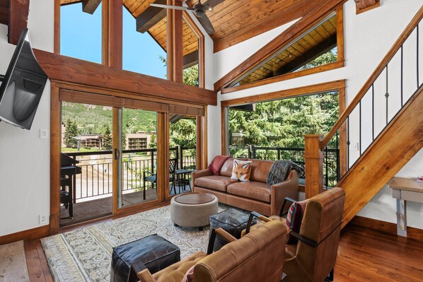 Televisión, chimenea y estéreo 