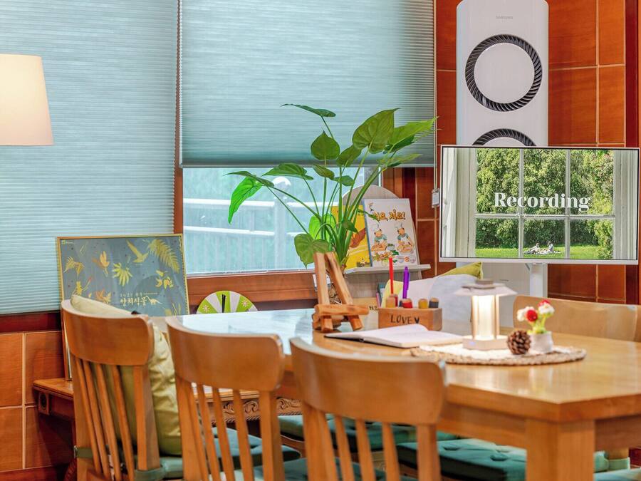 Ein Essbereich mit einem Holztisch, Stühlen, einer Lampe, einer Pflanze und einem Fernseher, der 'Aufnahme' anzeigt.