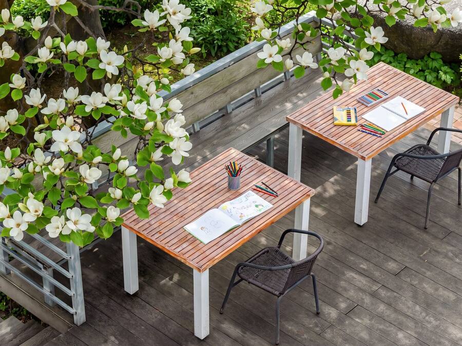 An outdoor patio with two wooden tables and chairs, surrounded by white flowering trees.