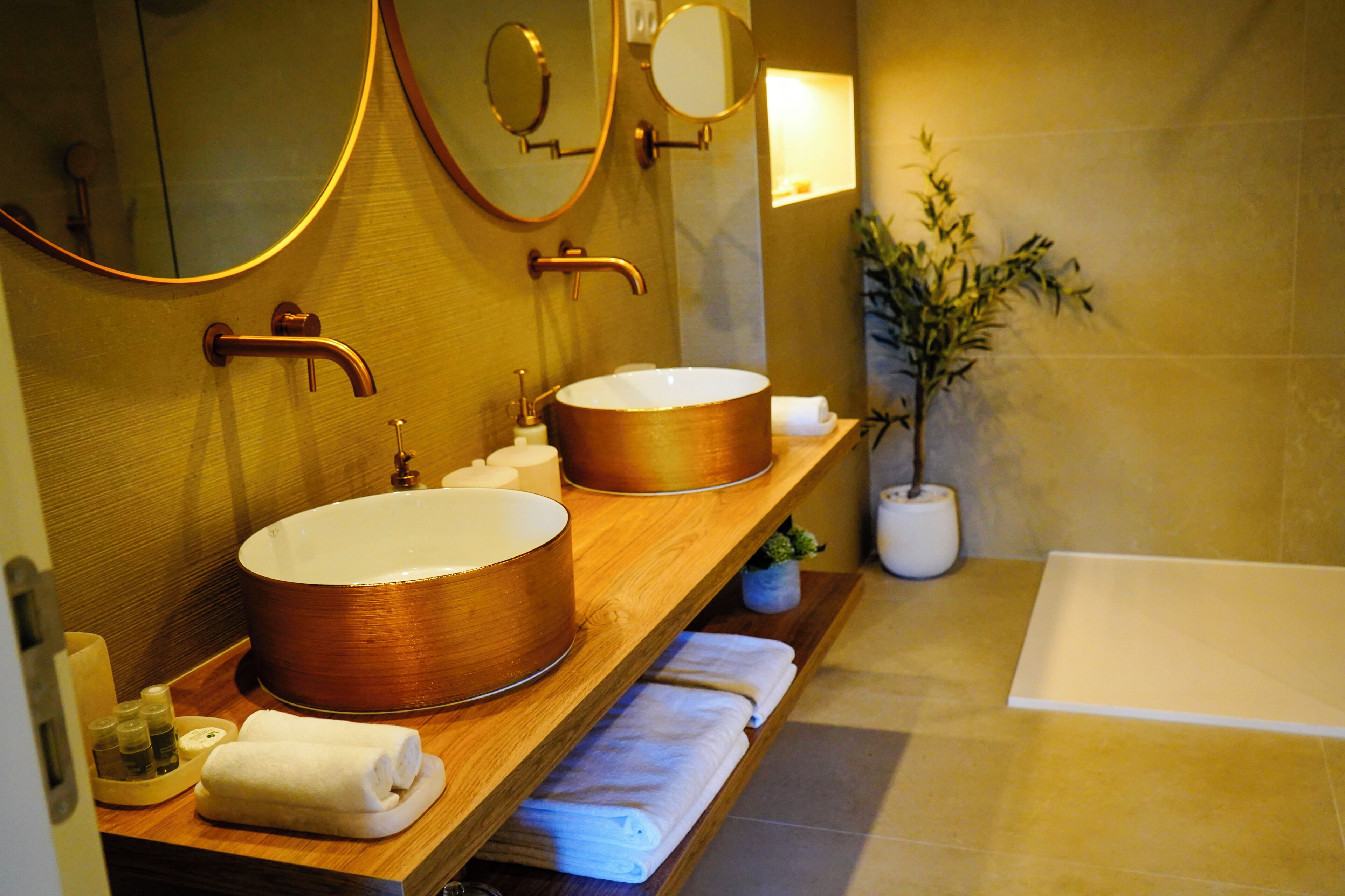 Un baño con dos lavamanos, un espejo, un perchero y una planta en maceta.